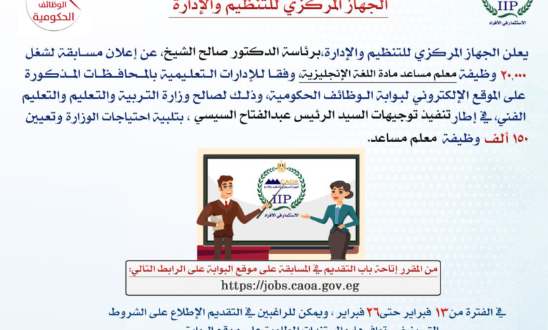 فتح باب التقديم لمسابقة20 ألف وظيفة معلم مساعد في اللغة الإنجليزية بوزارة التربية والتعليم